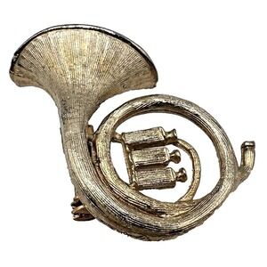 French Horn Brooch Musical Instrument Pin Gold Tone Lapel Pin Vintage